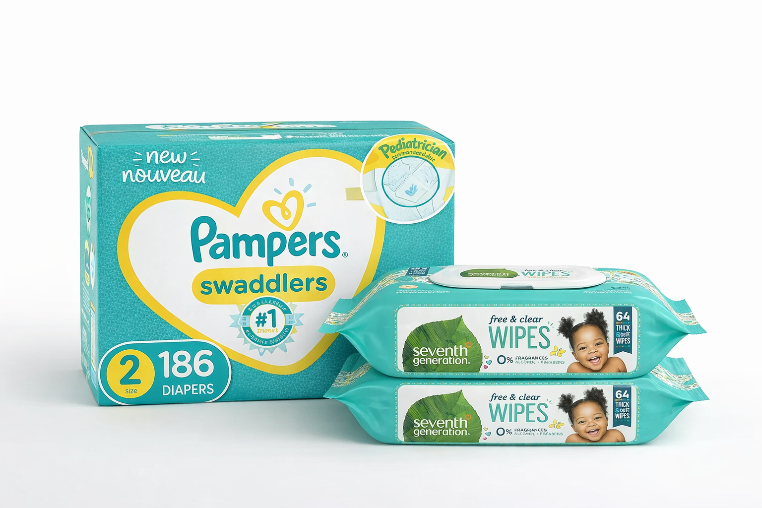 Seventh Generation Baby Wipes - 64 Count (Pack of 4) + Pampers Swaddlers Diapers - Size 2 One Month Supply (156 Count)