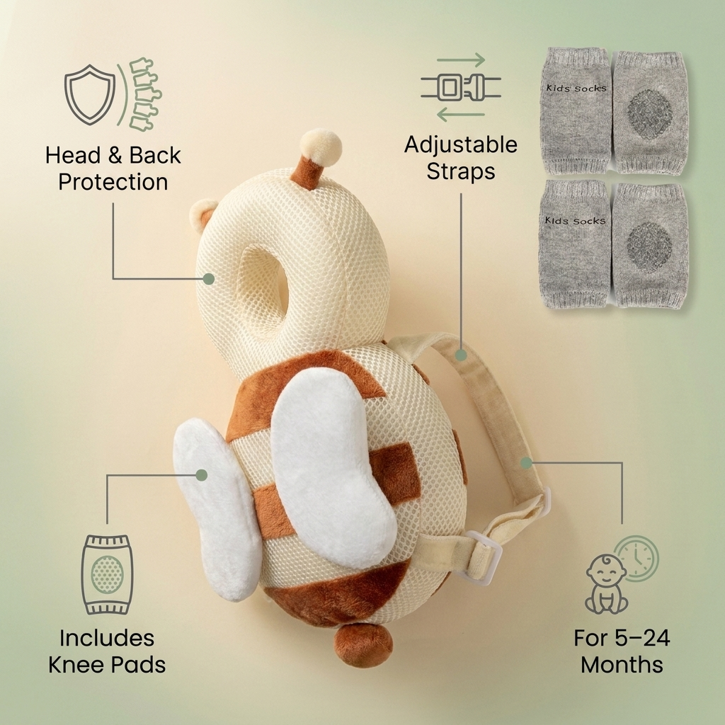 Baby Head Protector & Knee Pads — Soft Landings (Bee)