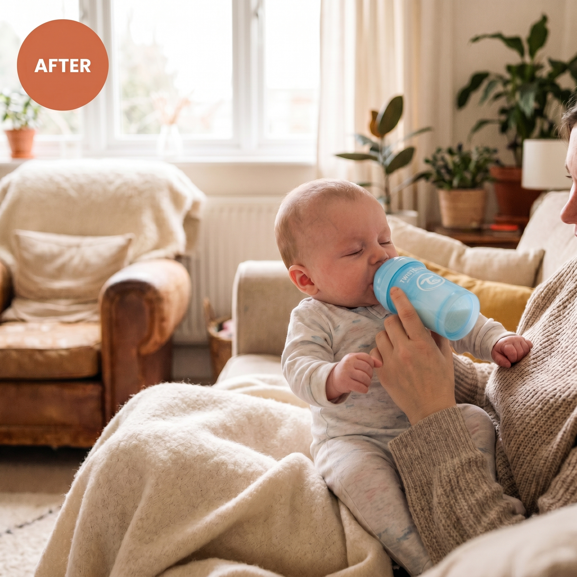 Calm content baby feeding peacefully with the Bubzies anti-colic baby bottle
