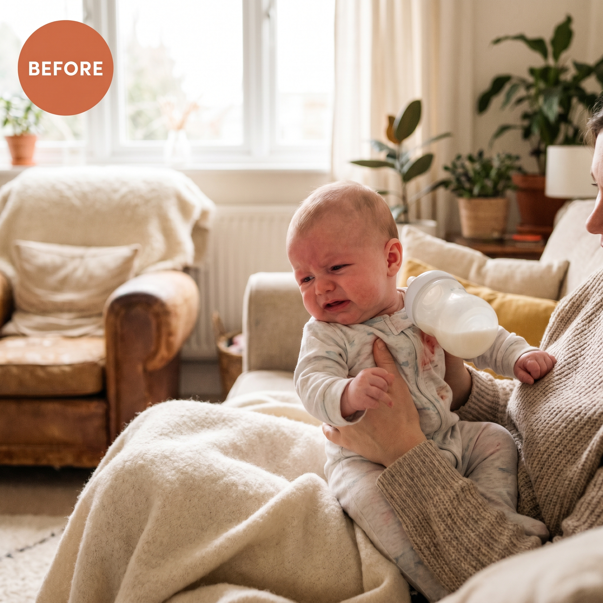 Fussy gassy baby crying during a feed before using an anti-colic baby bottle