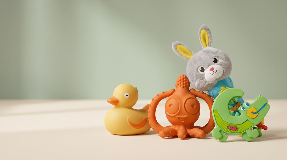 Bubzies homepage hero — a neat bundle of baby teethers and a rubber duck on a cream and sage background