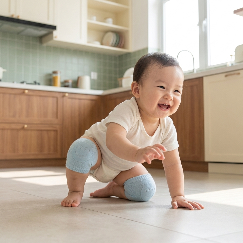 Baby crawling confidently across a bright kitchen tile floor wearing Bubzies anti-slip knee pads