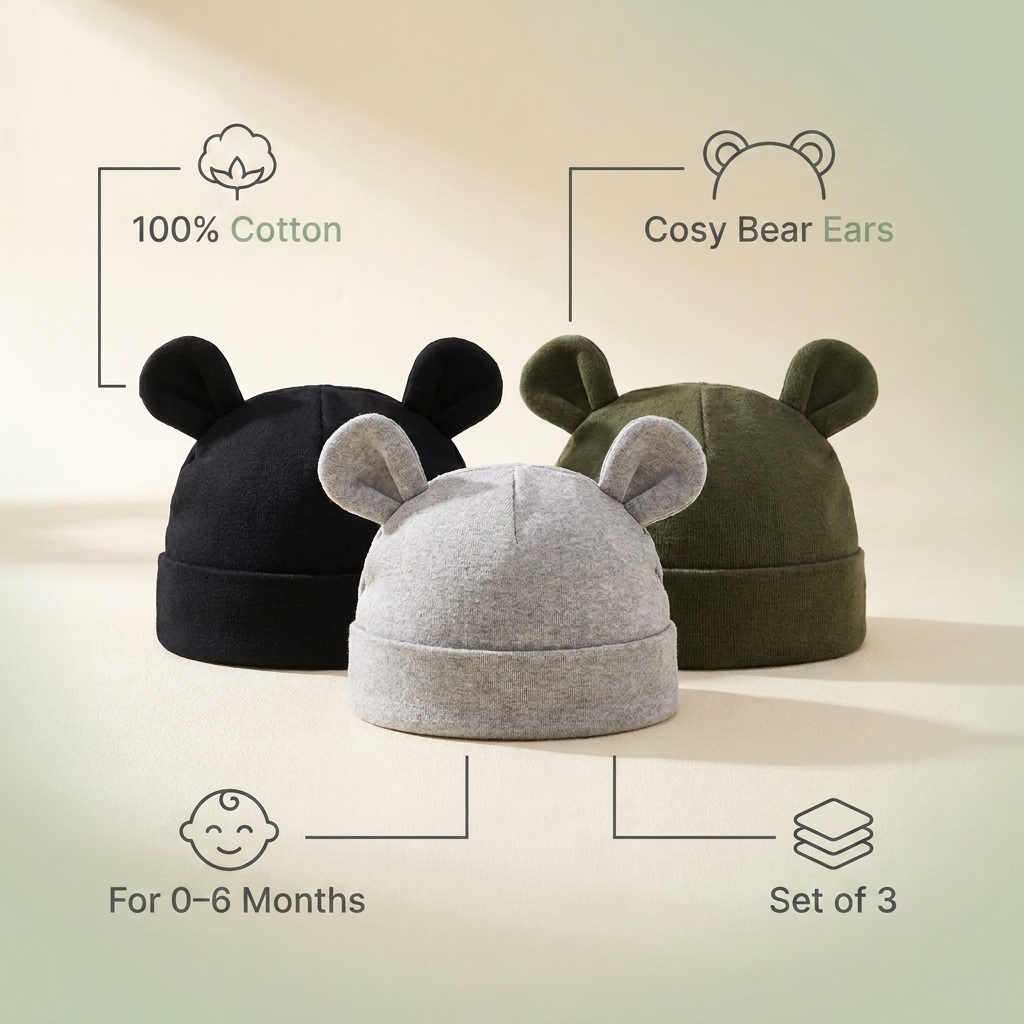 Bear-Ear Baby Hats 3-Pack — Cosy & Cute