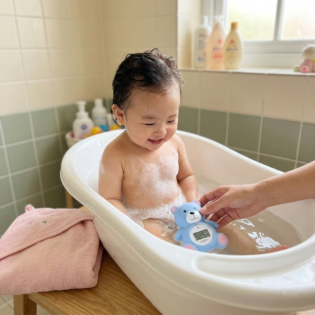 Baby in bath with teddy bear thermometer - lifestyle