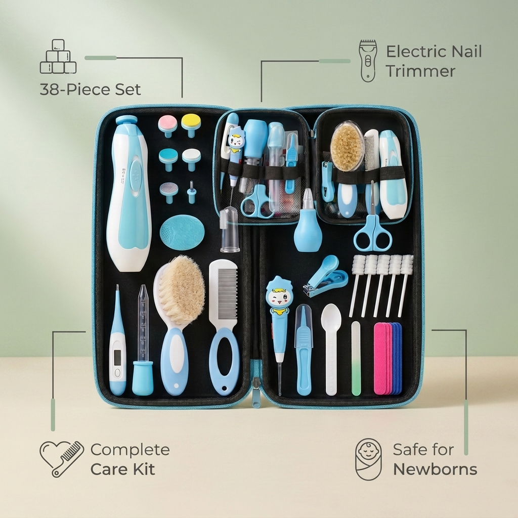 Baby grooming kit features infographic