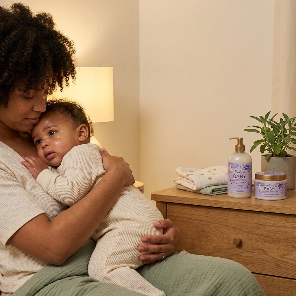 Bedtime cuddle after bath with SheaMoisture set - lifestyle