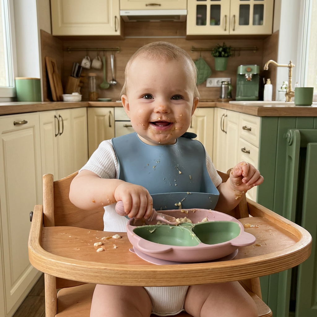 Baby eating from feeding set in high chair - lifestyle