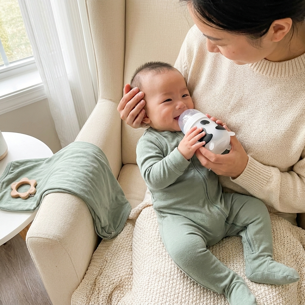 Parent cradle-feeding baby with silicone bottle - lifestyle