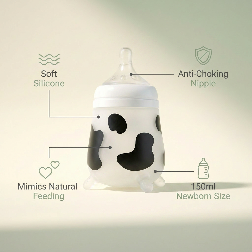 Silicone newborn bottle features infographic