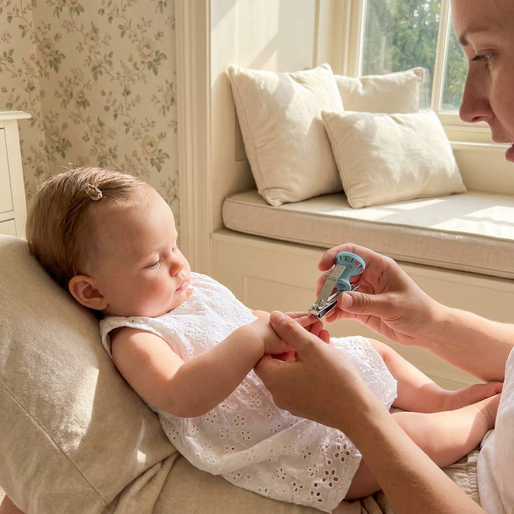 Parent trimming baby's nails with LuvClip - lifestyle