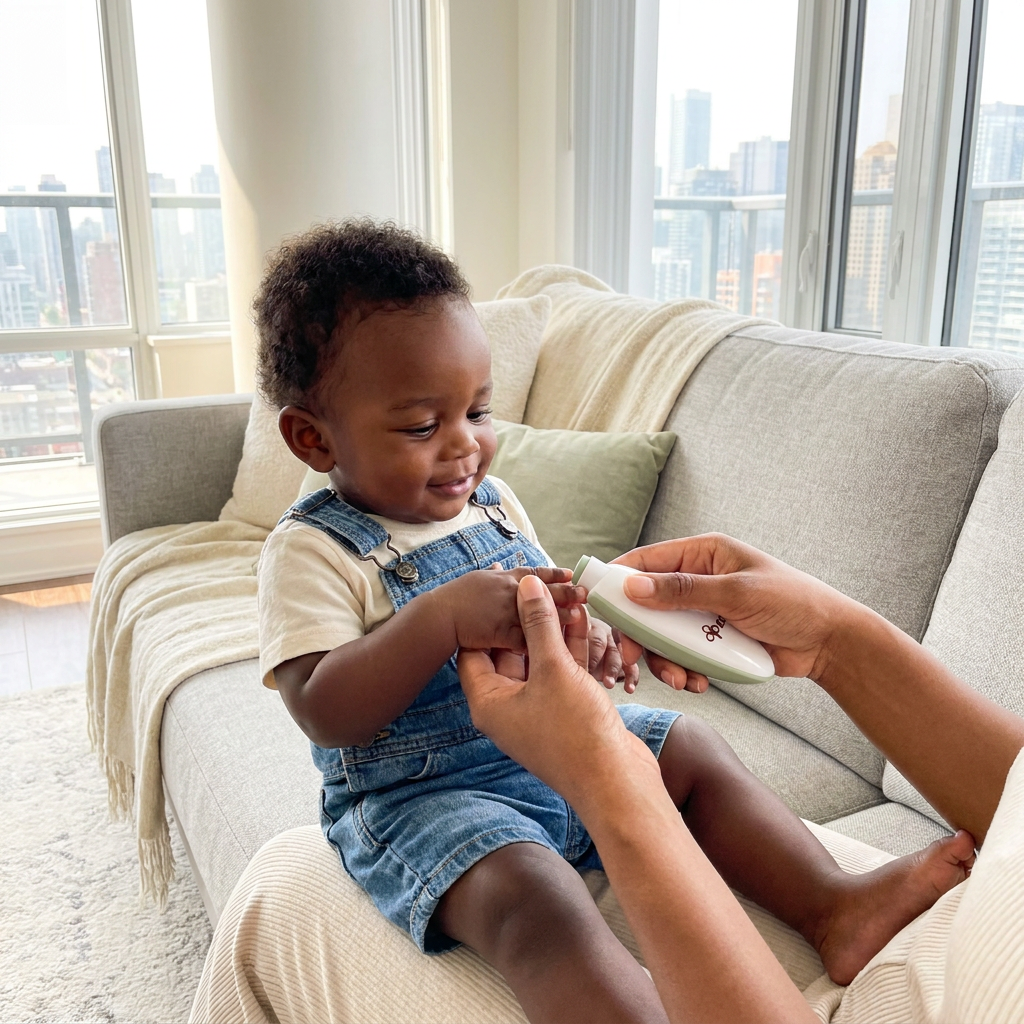 Parent filing baby's nails with grinder - lifestyle