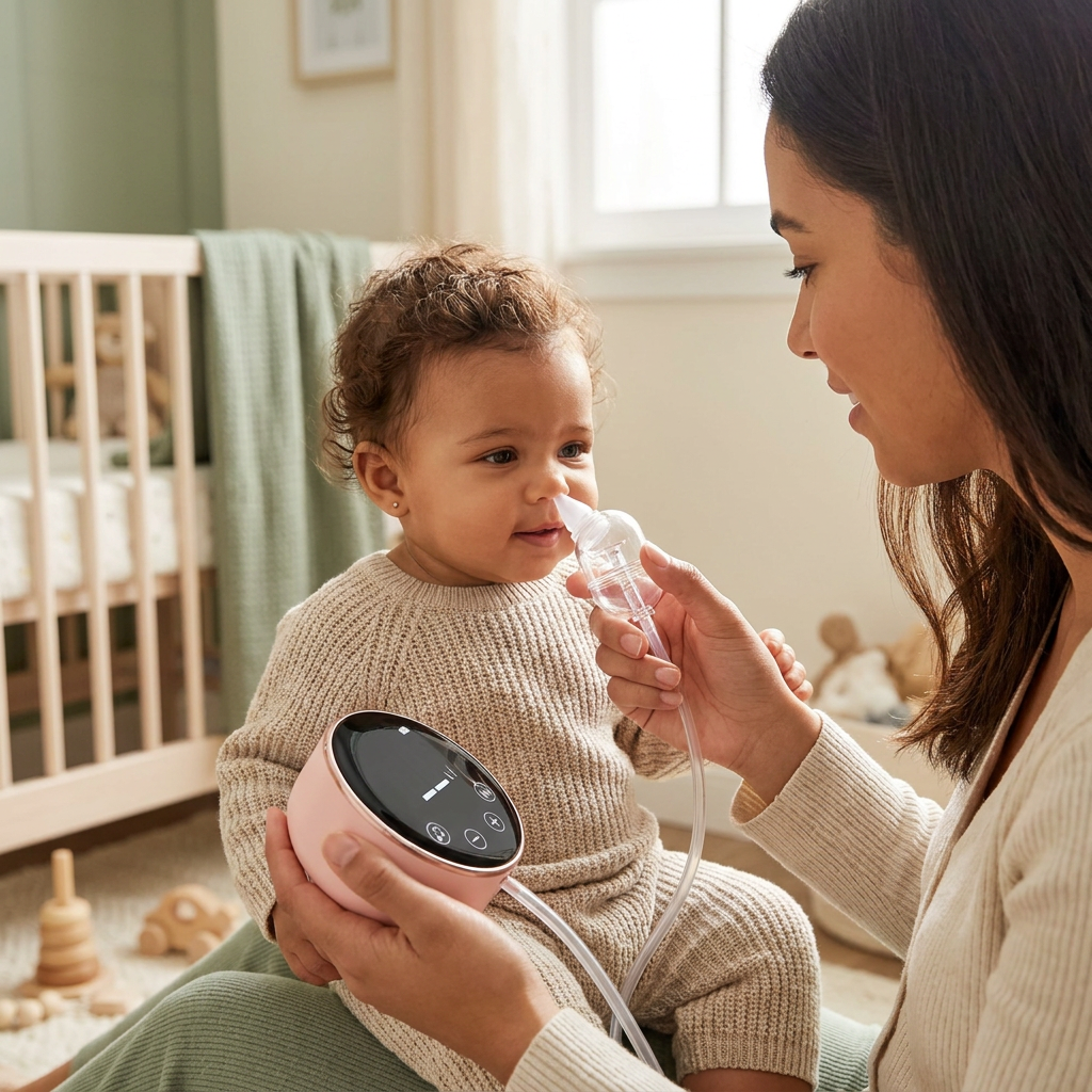 Parent gently using the Bubzies nasal aspirator to clear baby's congested nose