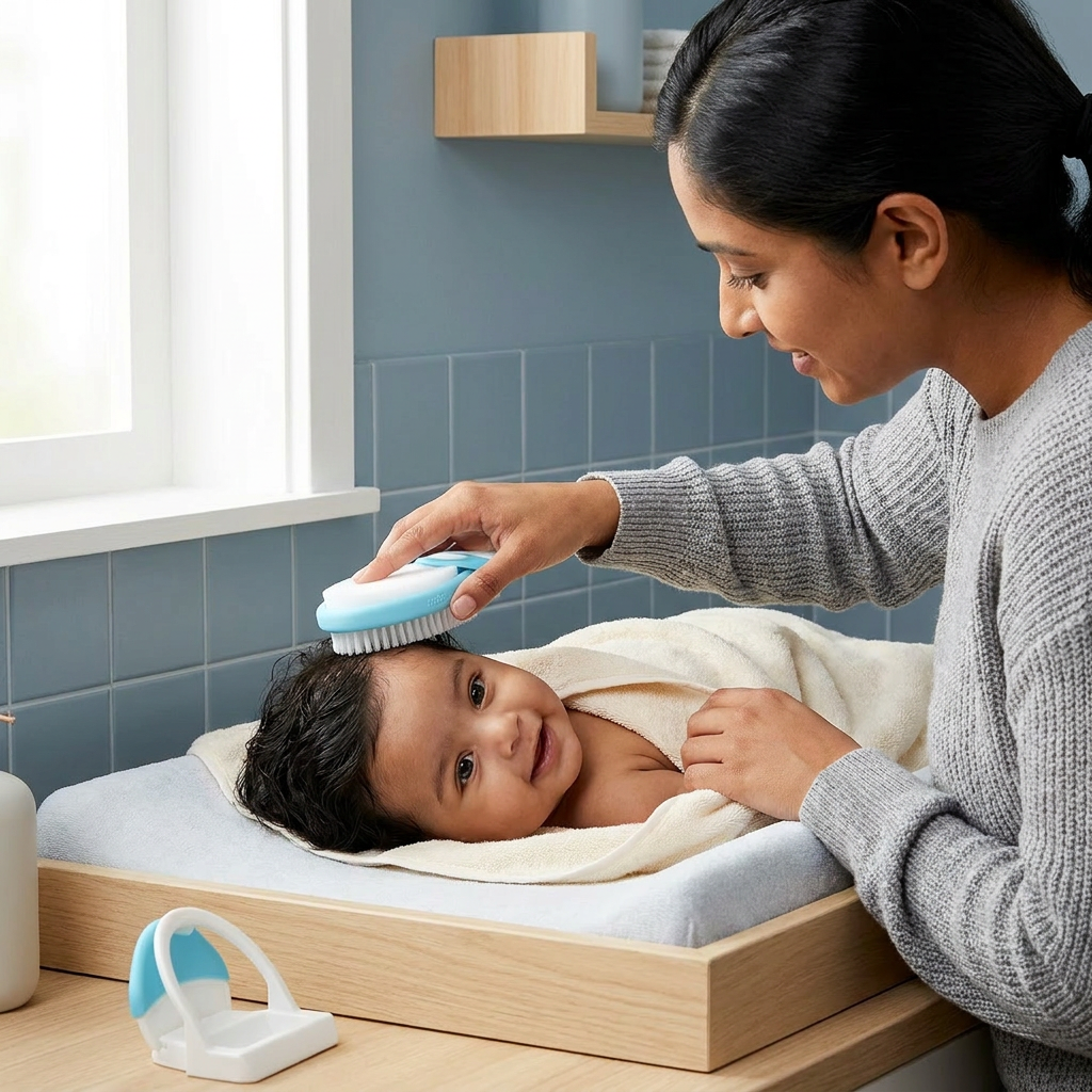 Mother gently using Bubzies cradle cap brush on baby's scalp