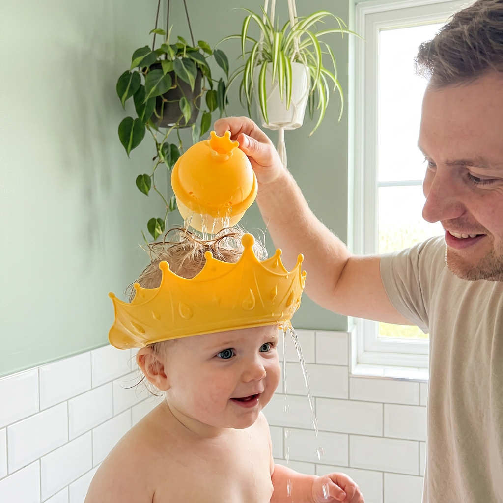 Father rinsing baby's hair with Bubzies tear-free visor cap