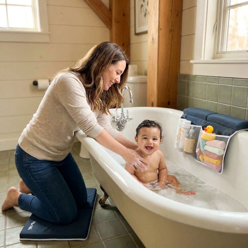 Mother kneeling on Bubzies bath kneeler while bathing baby
