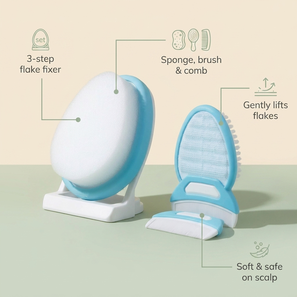 Bubzies cradle cap system features: 3-step flake fixer, sponge brush and comb, gentle on scalp