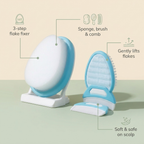 Bubzies cradle cap system features: 3-step flake fixer, sponge brush and comb, gentle on scalp