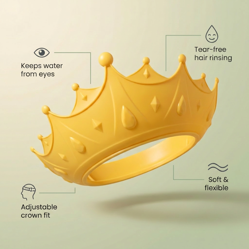 Bubzies rinse visor features: keeps water from eyes, adjustable fit, tear-free rinsing
