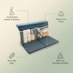 Bubzies bath kneeler features: cushioned knees and elbows, non-slip, quick-dry foam, toy storage