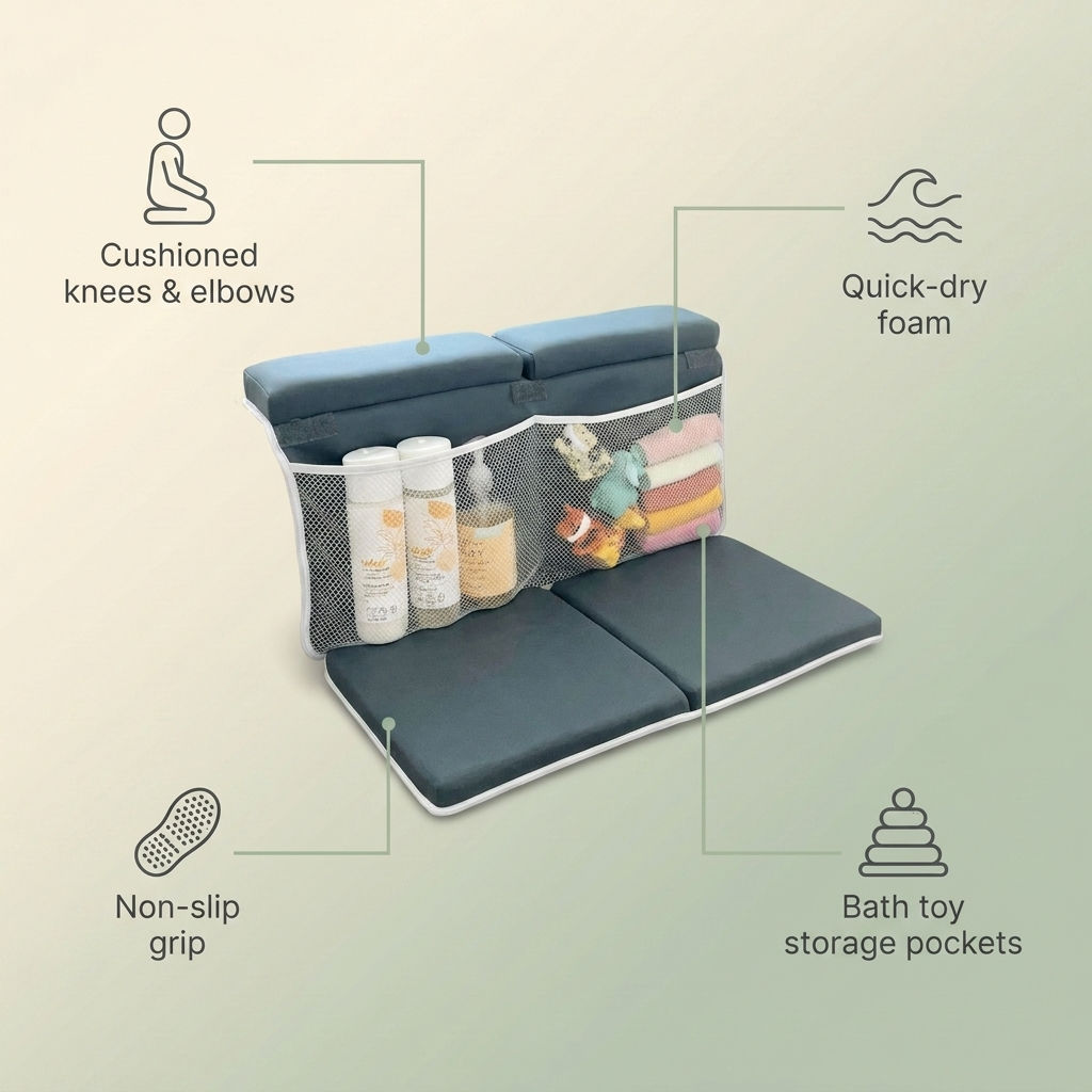Bubzies bath kneeler features: cushioned knees and elbows, non-slip, quick-dry foam, toy storage