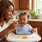 Baby wearing Bubzies silicone bib at the kitchen table