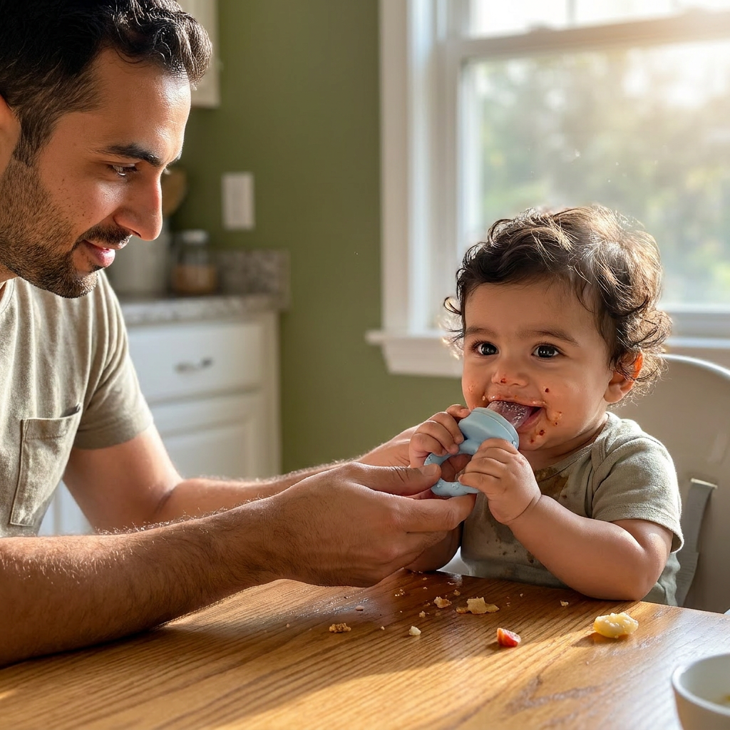 Baby self-feeding fruit with the Bubzies fresh food feeder