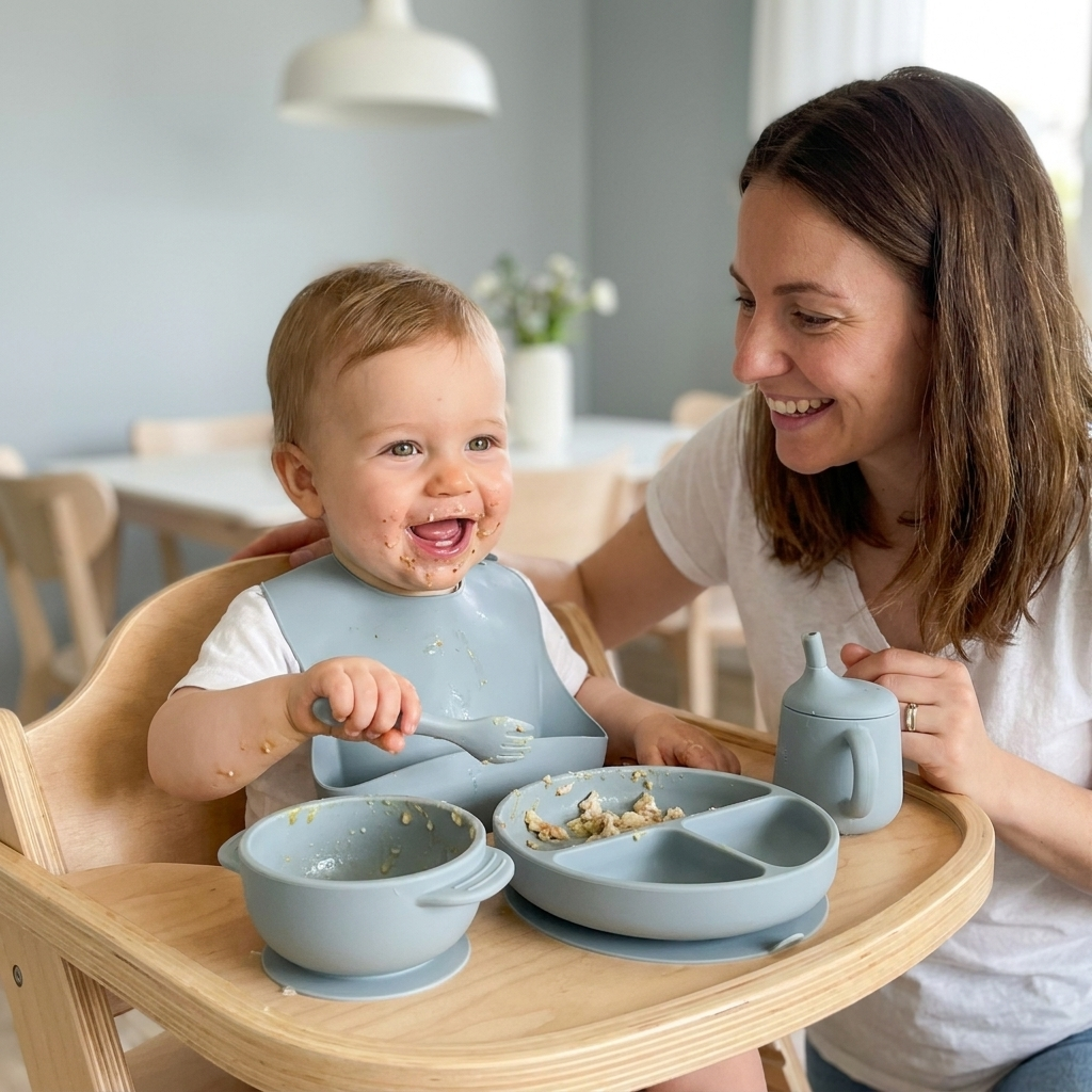 Baby starting solids with the Bubzies weaning set in a Scandi dining room