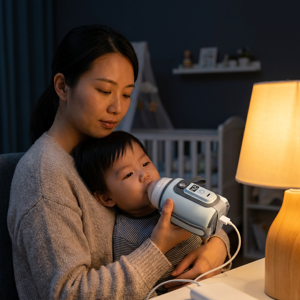 Mother warming a bottle with the Bubzies portable warmer during a night feed