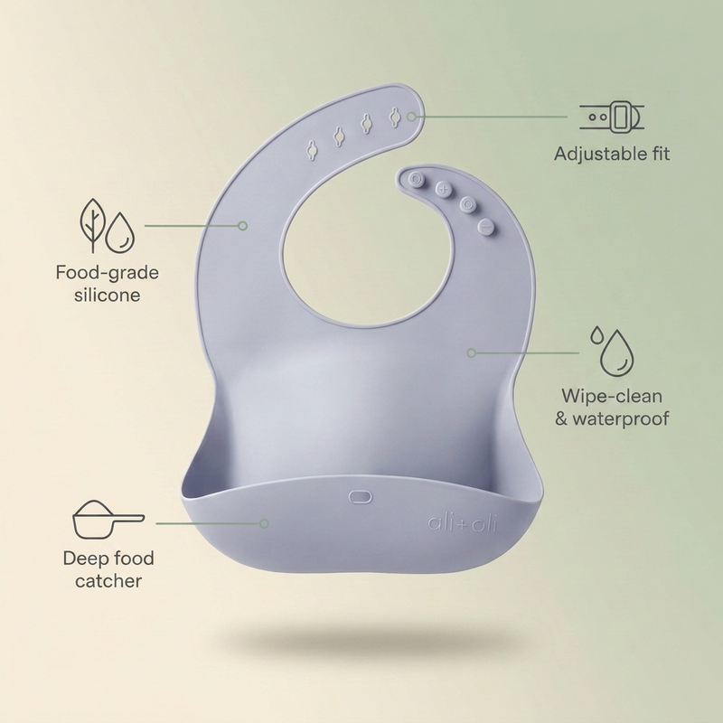 Bubzies silicone bib features: food-grade silicone, deep crumb catcher, adjustable fit, wipe-clean