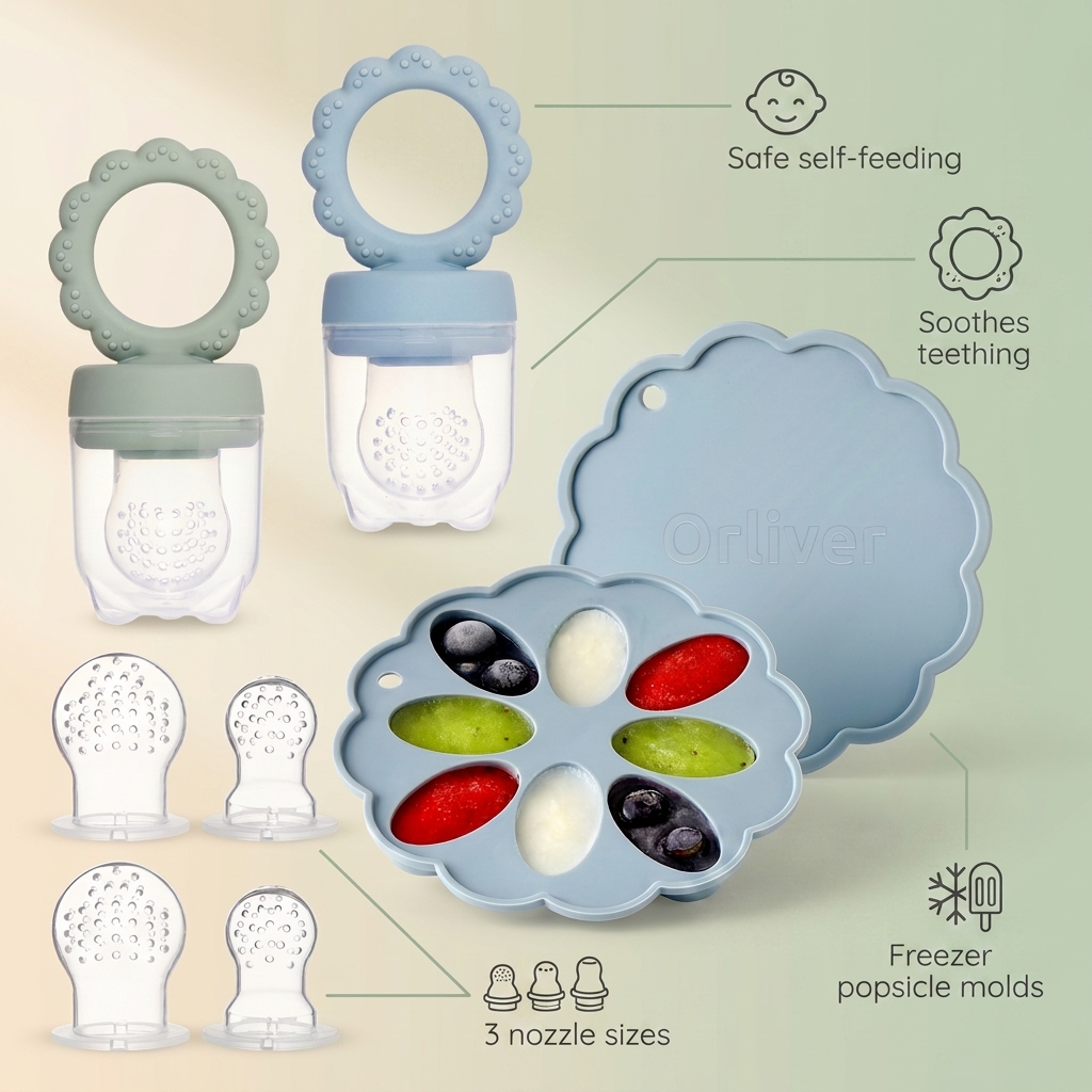 Bubzies fruit feeder features: food-grade silicone, anti-choke design, soothes sore gums, easy to clean