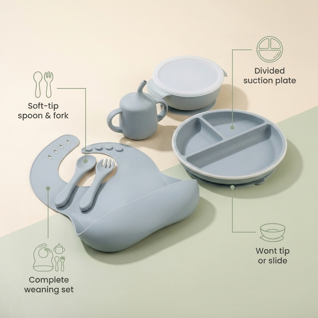 Bubzies weaning set features: strong suction base, divided plate, soft-tip utensils, dishwasher-safe