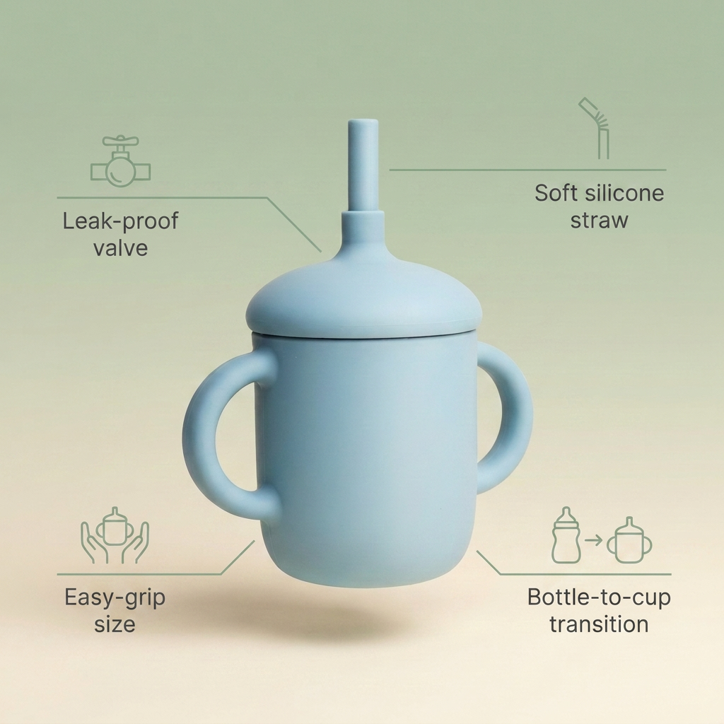 Bubzies straw cup features: leak-proof lid, soft silicone straw, easy-grip, bottle-to-cup transition