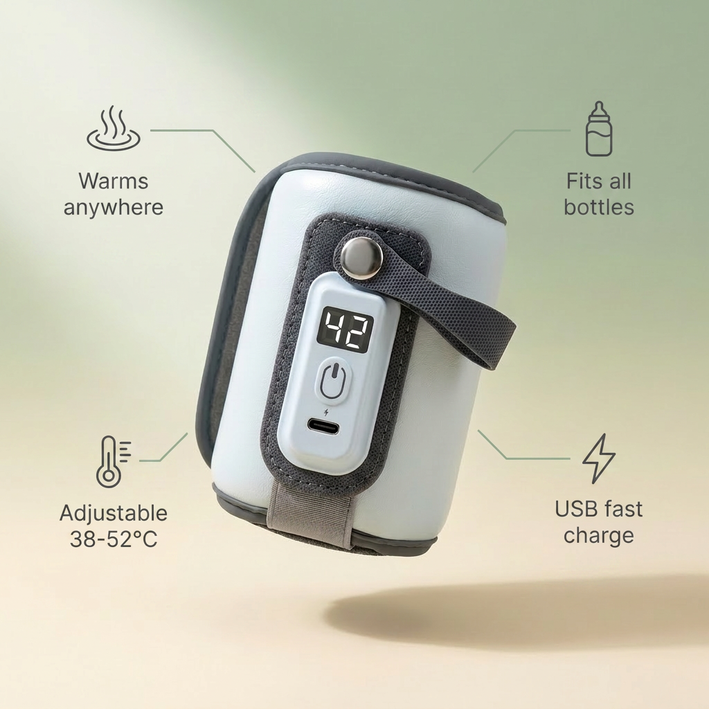 Bubzies bottle warmer features: 38-52C precise temps, 10-15 min heat-up, USB rechargeable, fits all bottles