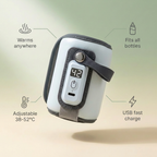 Bubzies bottle warmer features: 38-52C precise temps, 10-15 min heat-up, USB rechargeable, fits all bottles