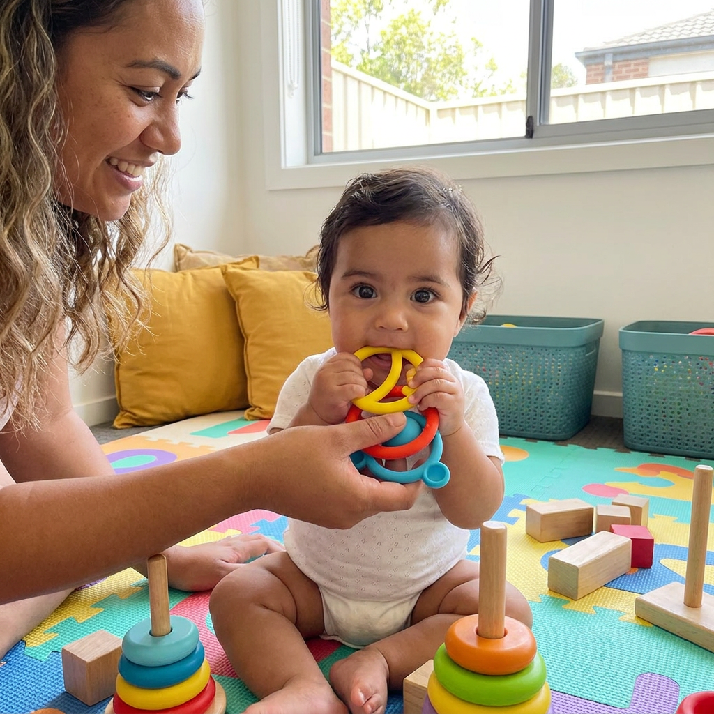 Baby playing with Bubzies sensory rings in a bright playroom