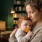 Calm baby with the Bubzies pacifier in a forest-green reading nook