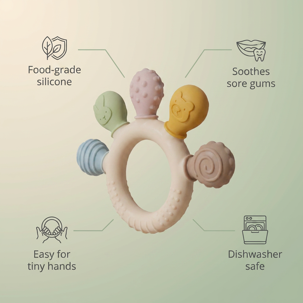 Bubzies hand teether features: soft food-grade silicone, easy-grip shape, soothes sore gums, storage box