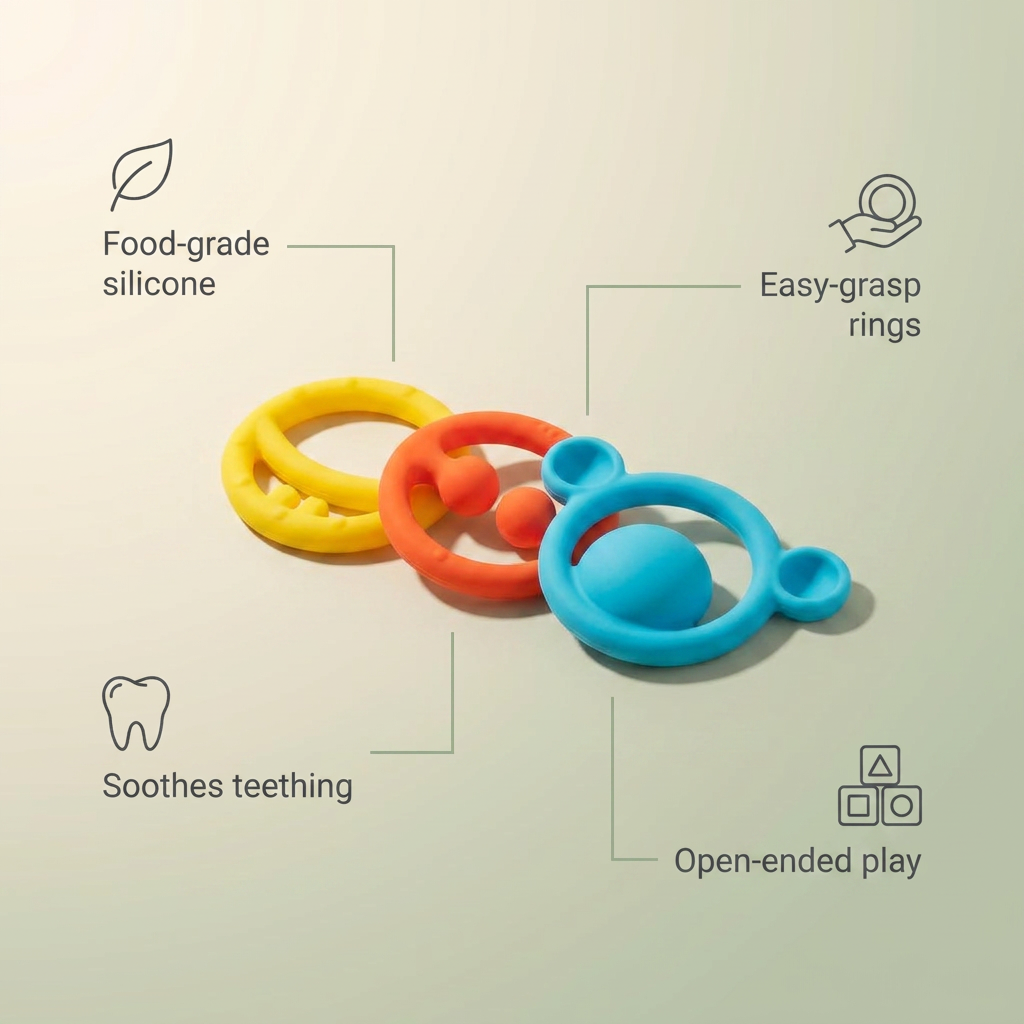 Bubzies sensory rings features: food-grade silicone, easy-grip, soothes gums, sparks sensory play