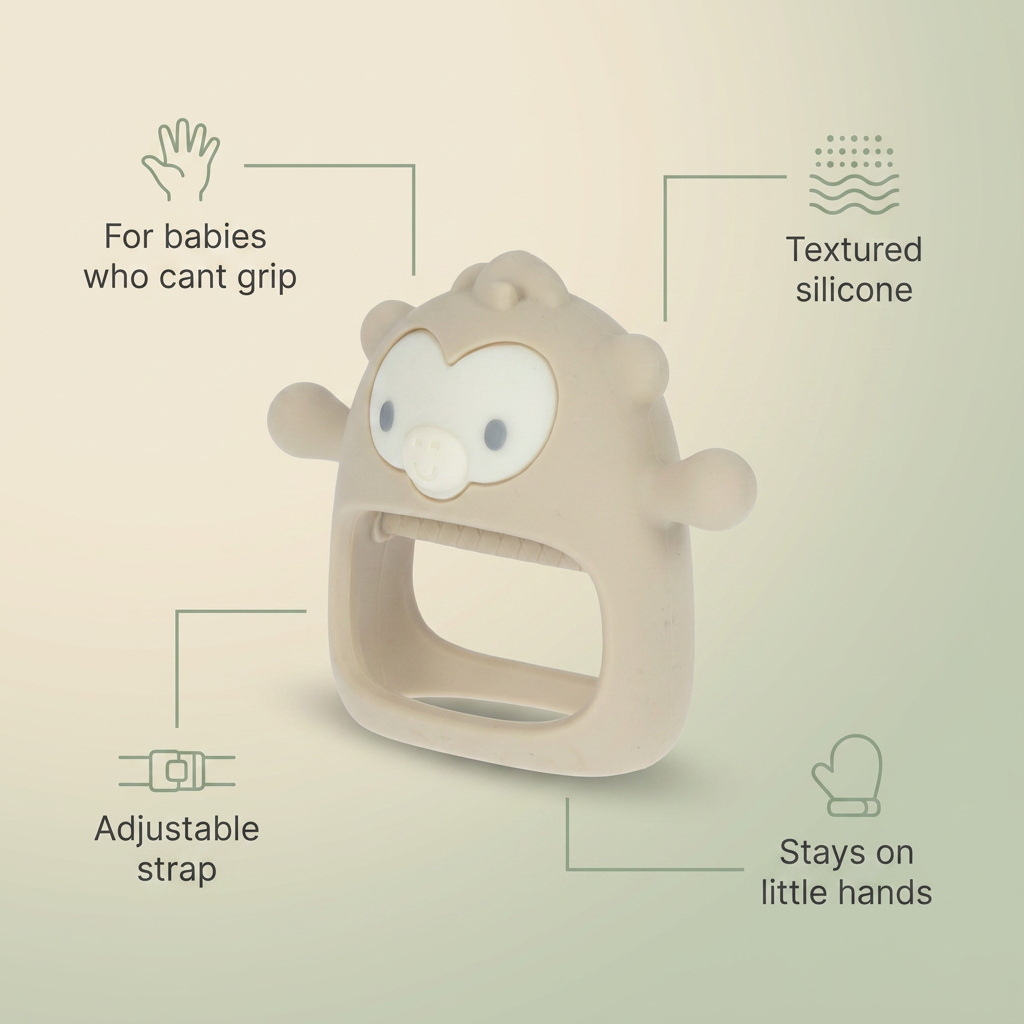 Bubzies teething mitten features: soft silicone, adjustable wrist strap, stays on tiny hands, dishwasher-safe