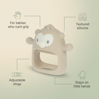 Bubzies teething mitten features: soft silicone, adjustable wrist strap, stays on tiny hands, dishwasher-safe