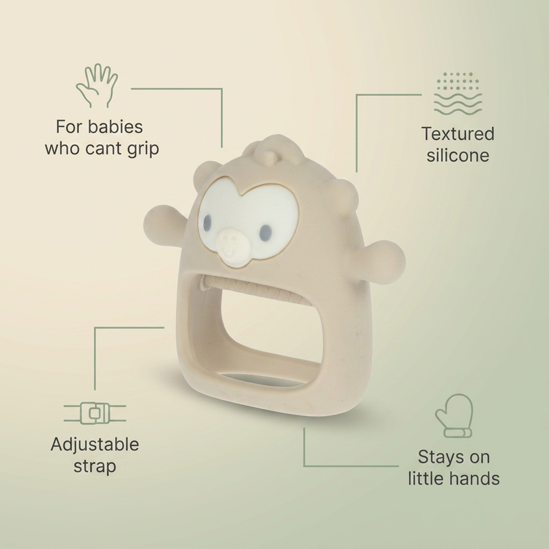 Bubzies teething mitten features: soft silicone, adjustable wrist strap, stays on tiny hands, dishwasher-safe
