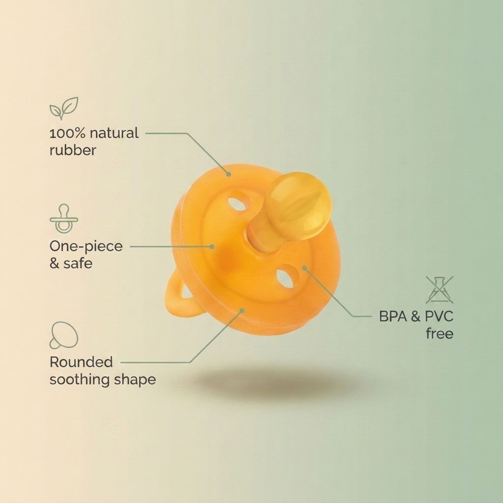 Bubzies pacifier features: 100% natural rubber, rounded nipple, BPA-free, EN1400 certified