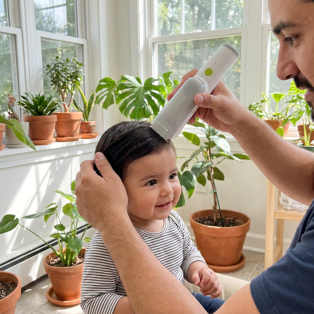 Father trimming baby's hair with the quiet Bubzies clipper in a sunroom