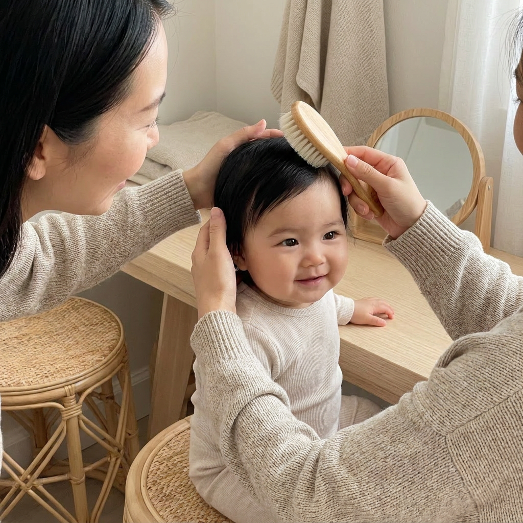 Mother brushing baby's hair with the Bubzies brush set in a Japandi nook