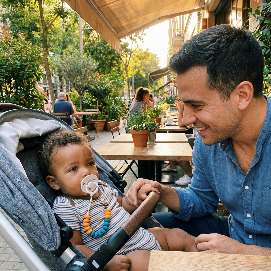 Baby in a stroller with the Bubzies pacifier clip keeping the soother off the ground at an outdoor cafe