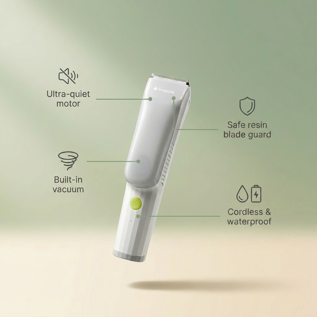 Bubzies hair clipper features: ultra-quiet motor, built-in vacuum, waterproof IPX7, 3 guide combs
