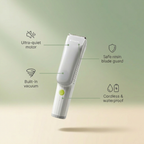 Bubzies hair clipper features: ultra-quiet motor, built-in vacuum, waterproof IPX7, 3 guide combs