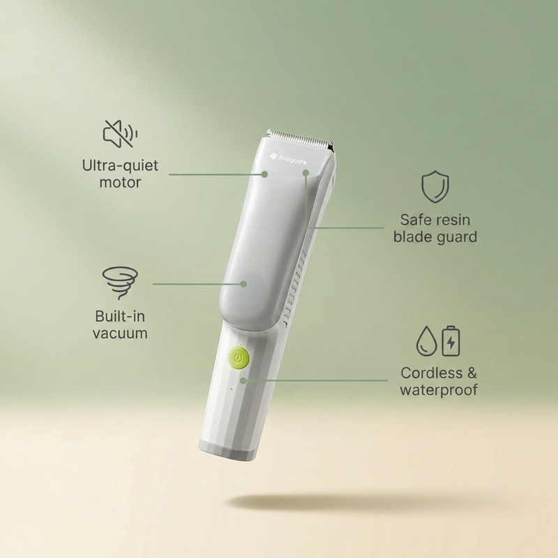 Bubzies hair clipper features: ultra-quiet motor, built-in vacuum, waterproof IPX7, 3 guide combs