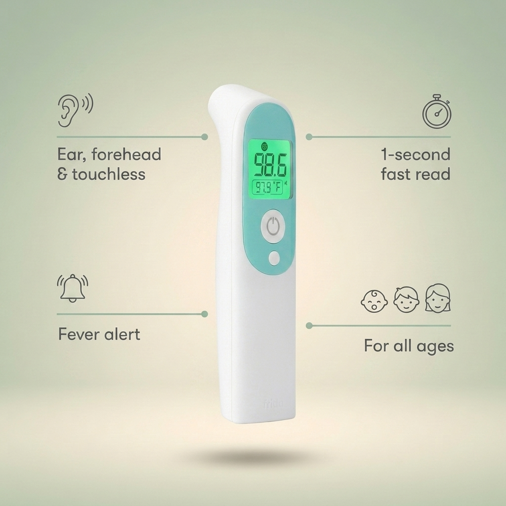 Bubzies thermometer features: ear, forehead and touchless modes, 1-second reading, fever colour alert