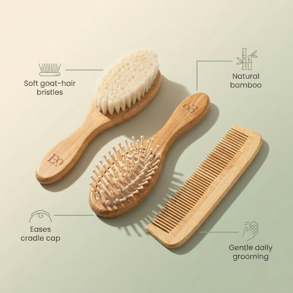 Bubzies brush and comb features: soft goat-hair bristles, natural bamboo, eases cradle cap, gentle daily grooming